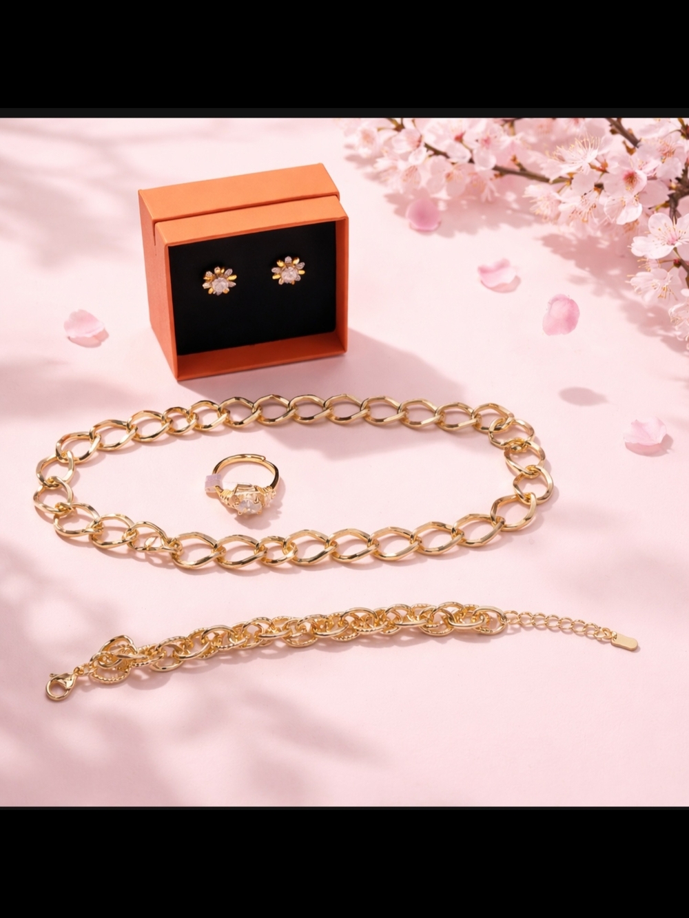 Mother's Day Sale- Yellow Gold Filled Necklace, Bracelet & Floral Stud Earring
